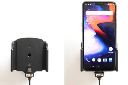 Uchwyt do OnePlus 6T regulowany do smartfonów bez futerału oraz w futerale lub etui o wymiarach: 70-83 mm (szer.), 2-10 mm (grubość) z wbudowanym kablem USB-C oraz ładowarką samochodową