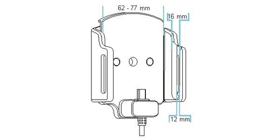 Uchwyt uniwersalny regulowany do smartfonów bez futerału oraz w futerale lub etui o wymiarach: 62-77 mm (szer.), 12-16 mm (grubość) z wbudowanym kablem USB-C oraz ładowarką samochodową