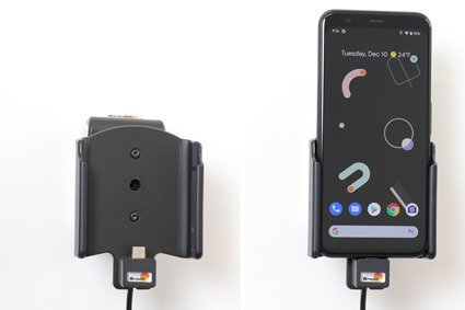 Uchwyt do Google Pixel 4 z wbudowanym kablem USB oraz ładowarką samochodową.