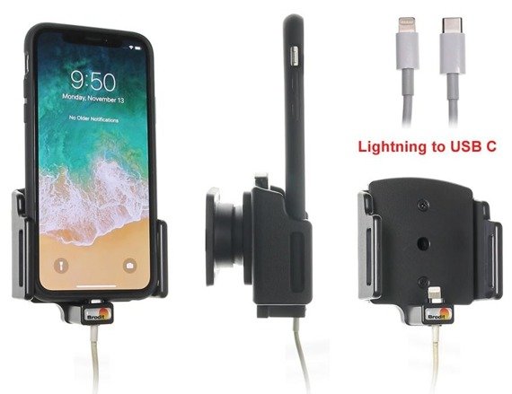 Uchwyt regulowany do Apple iPhone X w futerale o wymiarach: 70-83 mm (szer.), 2-10 mm (grubość) z możliwością wpięcia kabla lightning USB-C