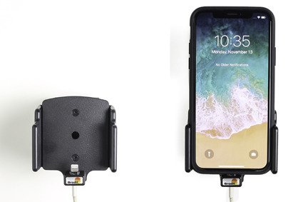 Uchwyt regulowany do Apple iPhone Xs w futerale lub obudowie o wymiarach: 70-83 mm (szer.), 2-10 mm (grubość) z możliwością wpięcia kabla lightning USB